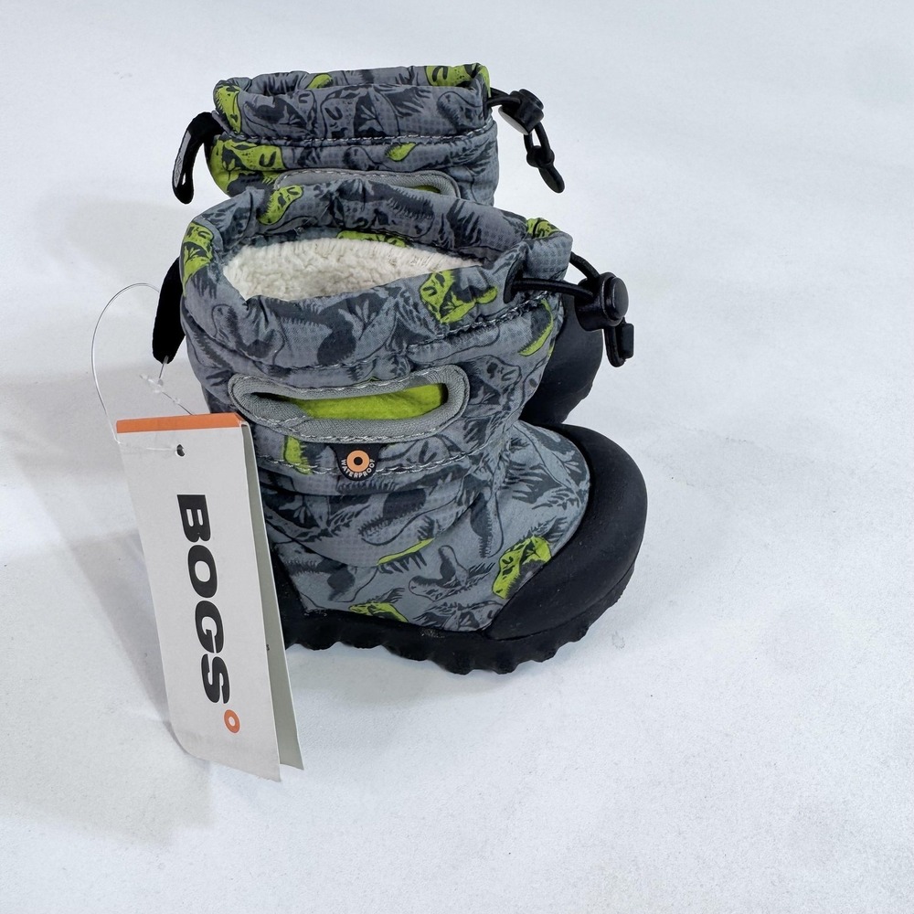 Bogs Snow Boots Kids Size 5 Gray Dino Print BMOC Faux Fur Lined Winter Ankle